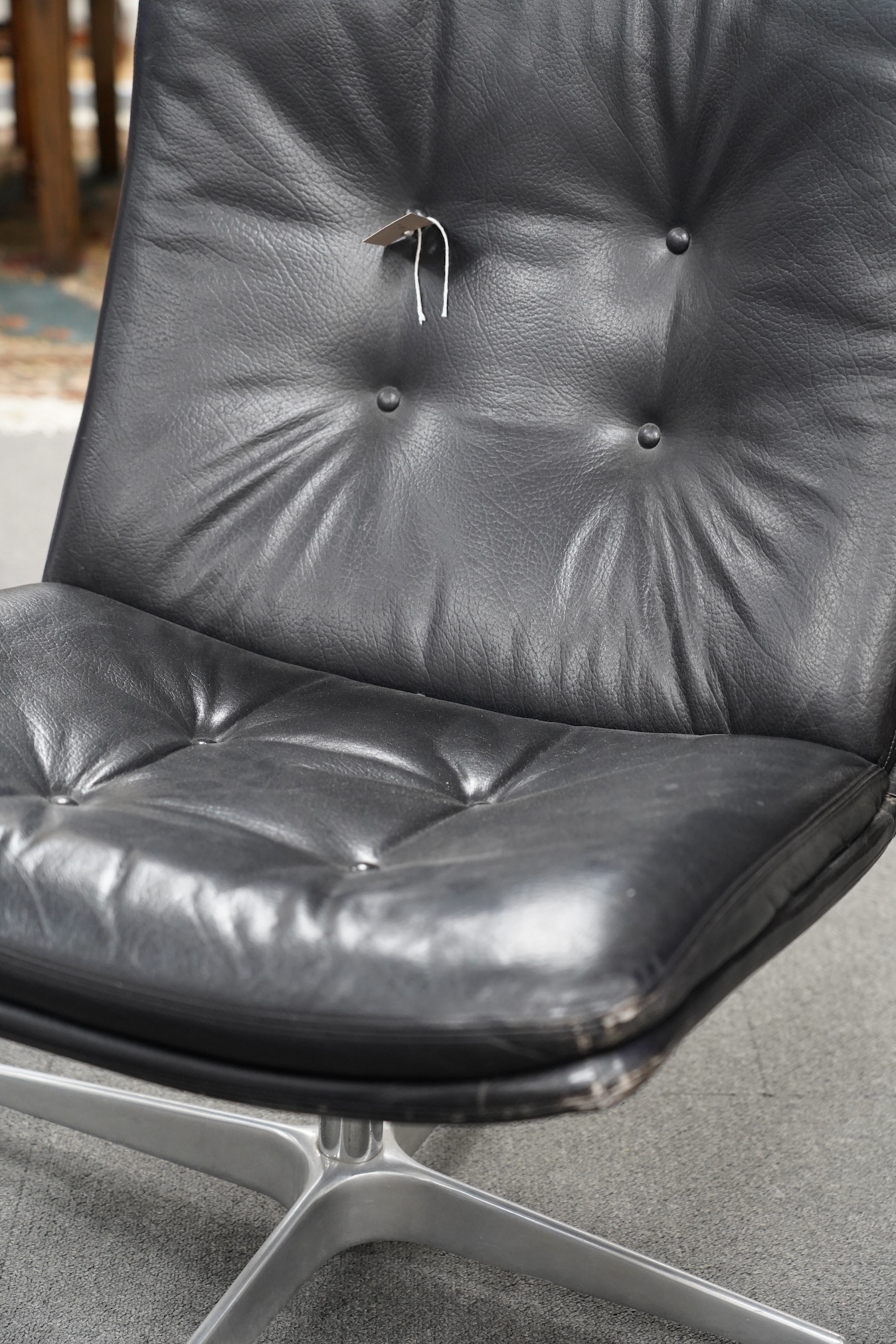 Geoffrey Harcourt for Artifort, a mid century black leather lounge chair, width 57cm, depth 60cm, height 75cm. Condition - fair